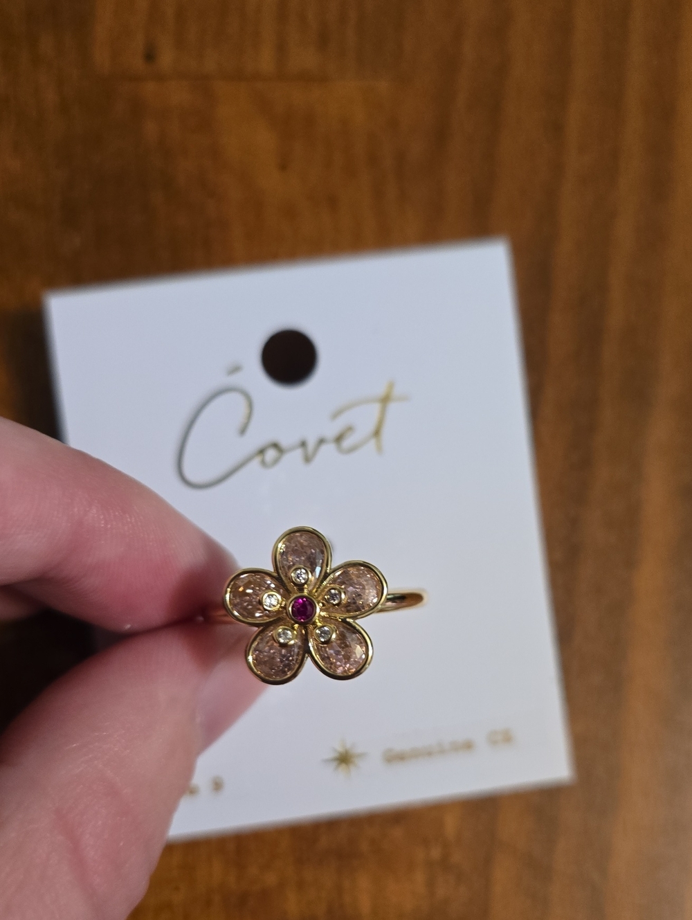 Covet Gold Floral Ring with Pink Center Gem